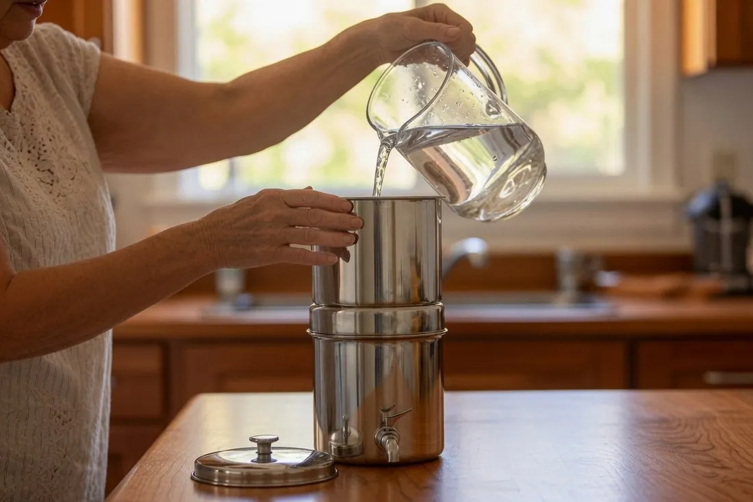 An older woman pouring water from a glass jug into the upper chamber of a stainless gravity water filter on a kitchen counter, the lid set down beside it
