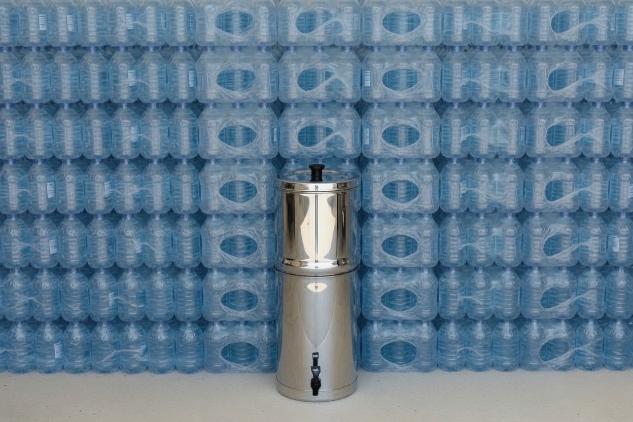 A single stainless steel gravity water filter standing on the floor in front of a wall stacked high with shrink-wrapped cases of bottled water
