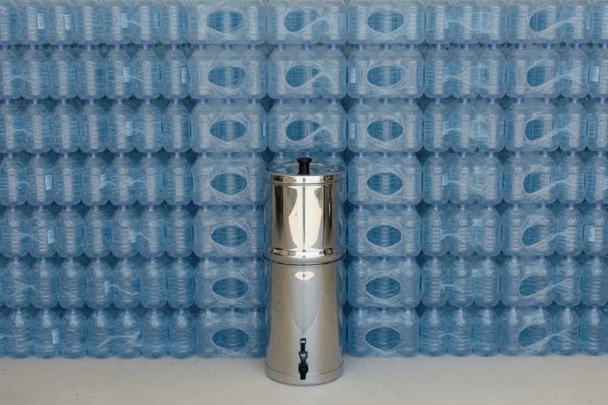 A single stainless steel gravity water filter standing on the floor in front of a wall stacked high with shrink-wrapped cases of bottled water