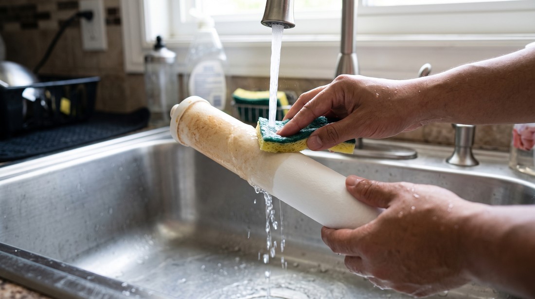Hands at a kitchen sink scrubbing a white ceramic filter element under running water with a sponge, one end of the element visibly stained brown and the other scrubbed clean