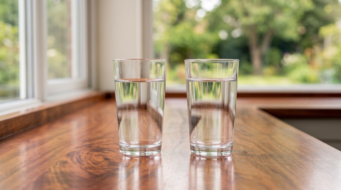 Two identical clear glasses of water standing side by side on a wooden counter in window light, both looking equally clear