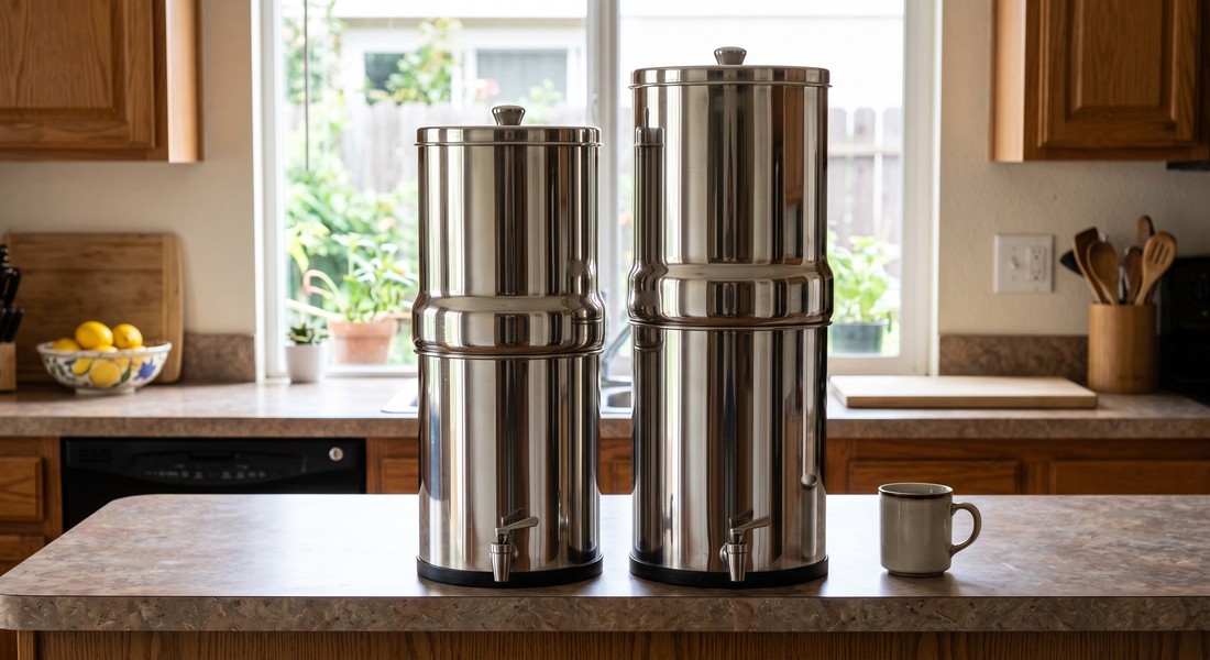 Two stainless steel gravity water filter housings standing side by side on a kitchen counter, the same shape but different heights, with no brand markings on either