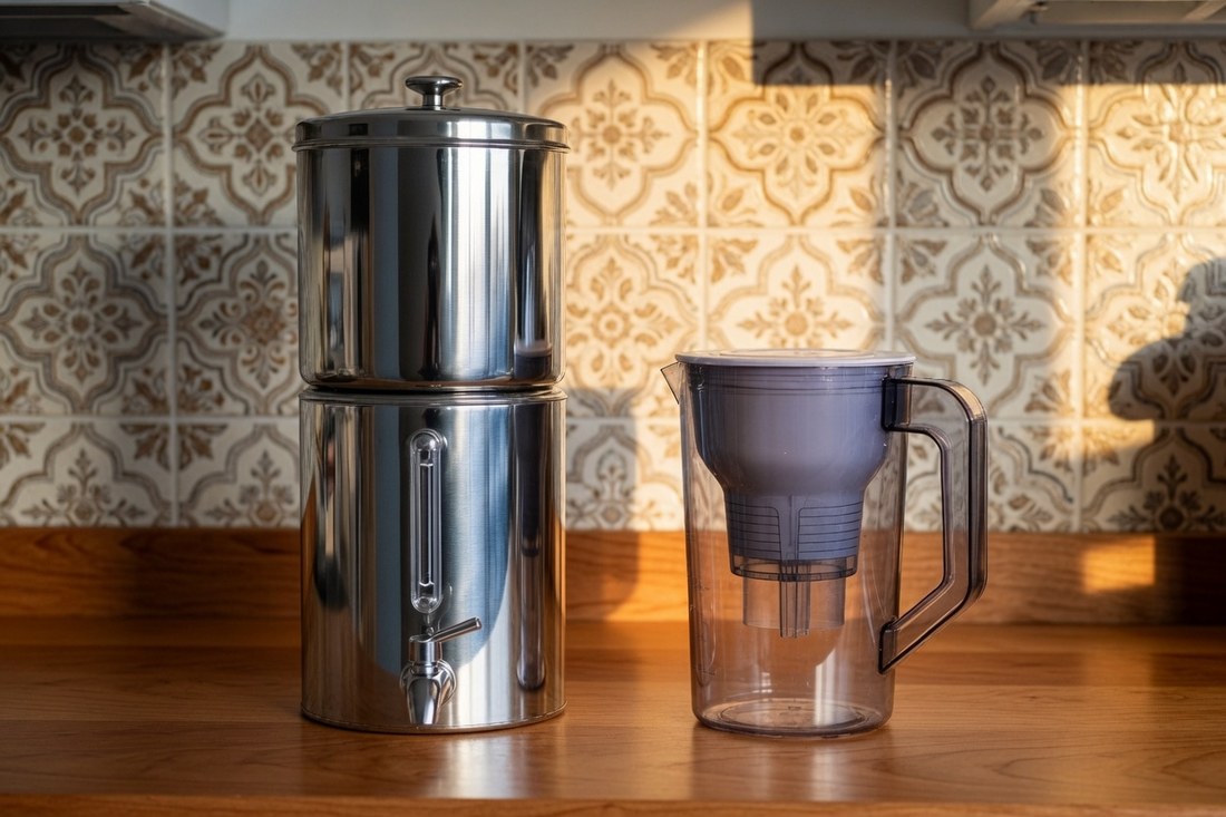 A tall stainless two-chamber gravity water filter standing on a kitchen counter beside a common clear plastic pour-through filter pitcher, the gravity unit roughly twice its height