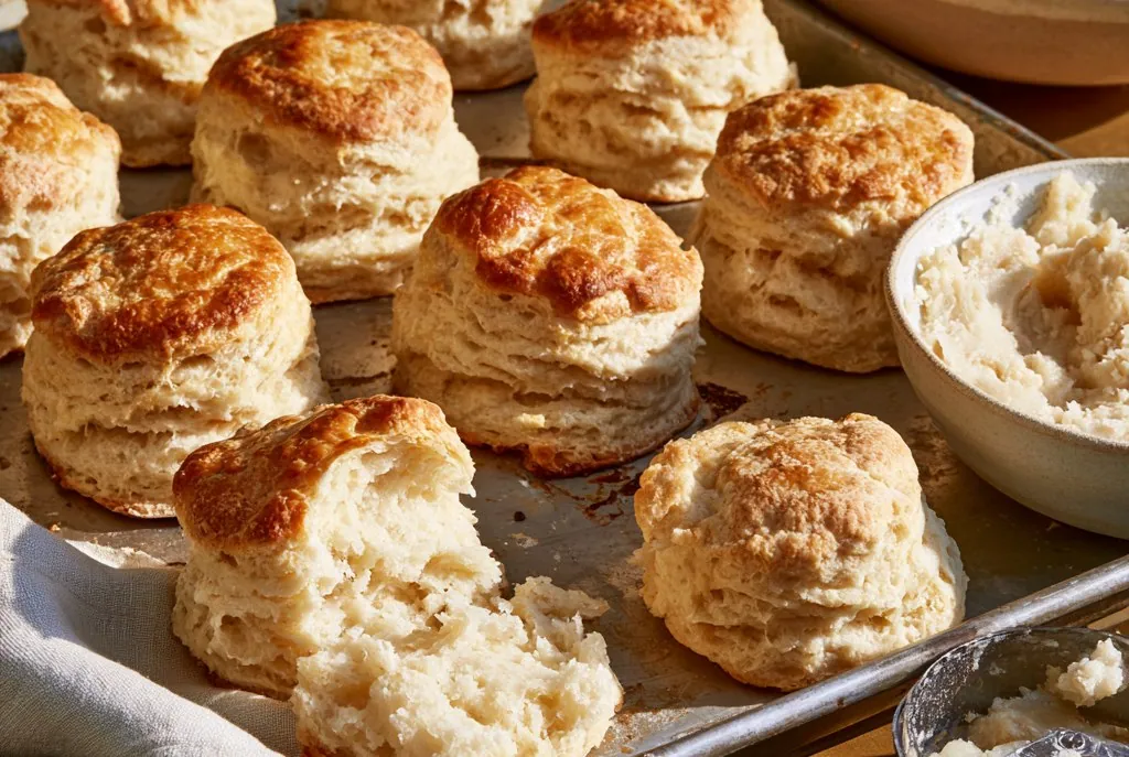 A tray of tall golden biscuits with visible flaky layers, one broken open on a cloth beside the tray, with a bowl of flour cut through with lard and a pastry blender alongside