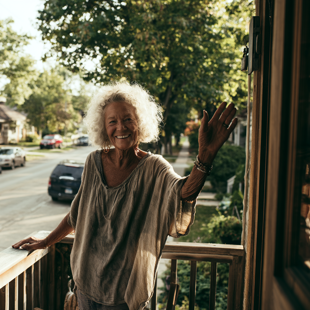 Older woman with white hair smiling and waving from her front porch on a sunny Florida street, warm and welcoming