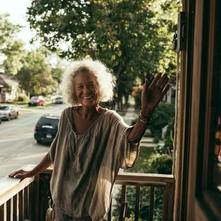 Older woman with white hair smiling and waving from her front porch on a sunny Florida street, warm and welcoming