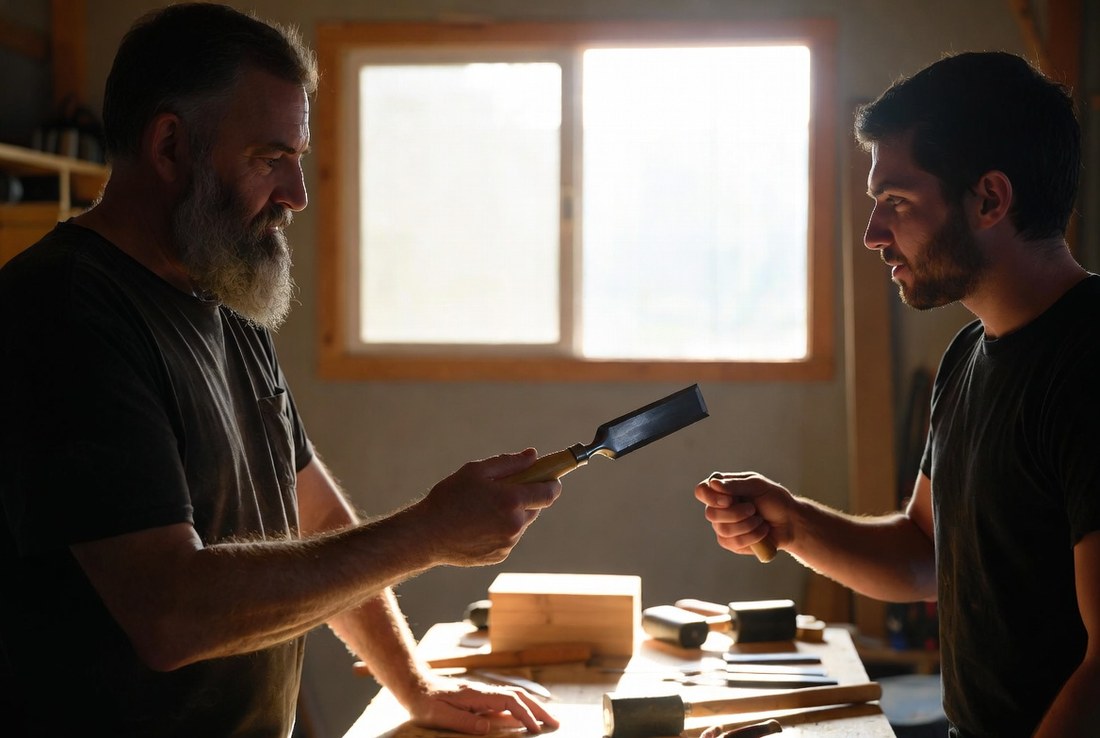 An older bearded man handing a wooden-handled chisel across a workbench to a younger man, both with a hand on it, in a home workshop