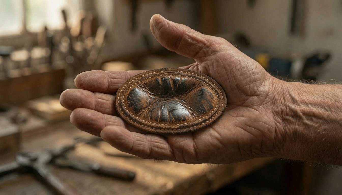 A worn oval leather palm pad resting in an older man’s open hand in a workshop