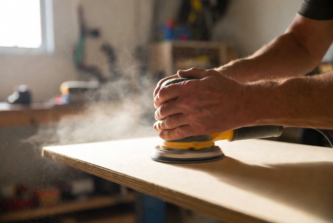 An older man’s hands pressing an orbital sander flat against a wide board, dust rising into window light