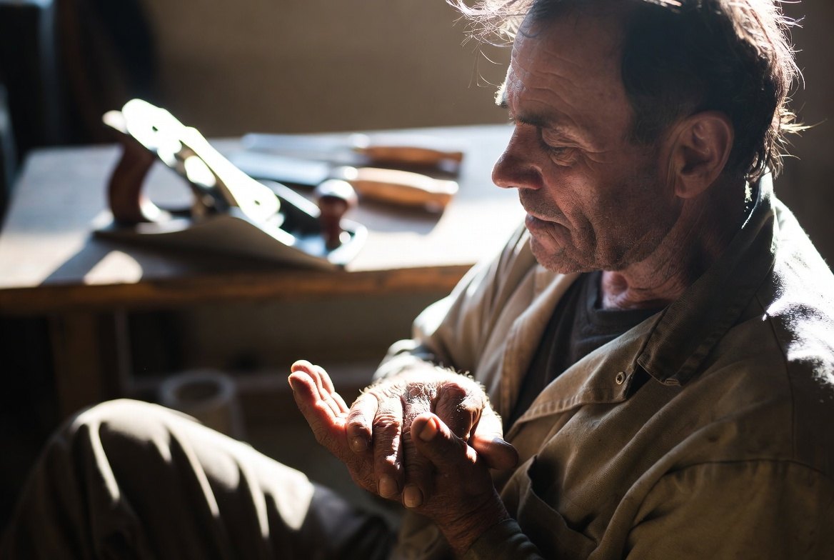 An older man in work clothes seated beside a bench of planes and chisels, looking down at his own open palm