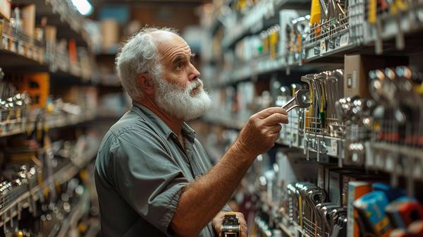Man in his early 60s with a white beard examining a combination wrench in the tool aisle of a hardware store, pegboard wall of wrenches behind him