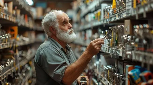 Man in his early 60s with a white beard examining a combination wrench in the tool aisle of a hardware store, pegboard wall of wrenches behind him