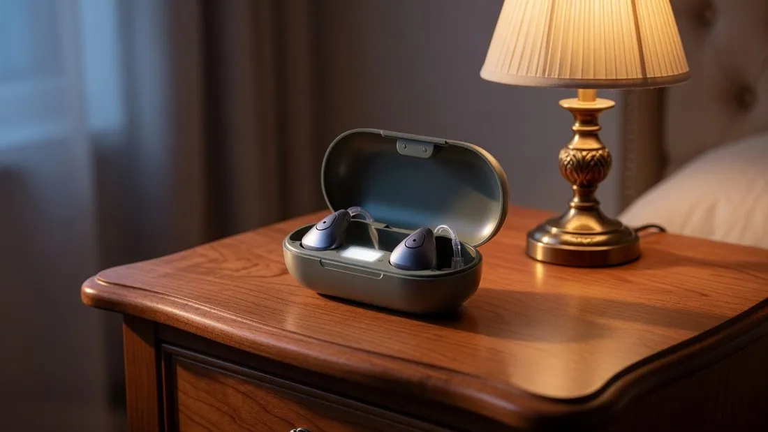 A charging case open on a wooden bedside table with two behind-the-ear hearing aids seated in their sockets, a lamp lit beside it