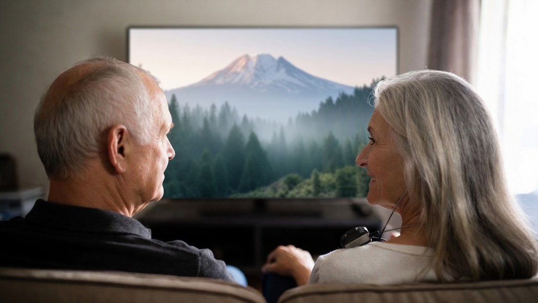 An older couple on a sofa in a living room, turned toward each other in conversation, the woman wearing a wireless television listener on a neckloop, the television playing quietly in front of them