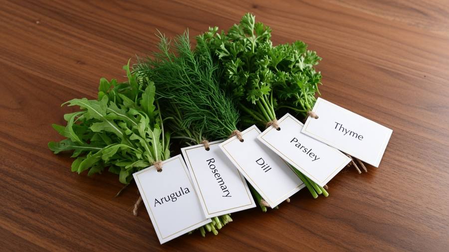 Small bunches of fresh herbs labeled with tags — arugula, rosemary, dill, parsley, and thyme on a wooden table