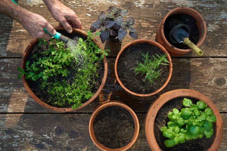Overhead view of terracotta herb pots being watered on a wooden surface — basil, rosemary, and other herbs in individual pots