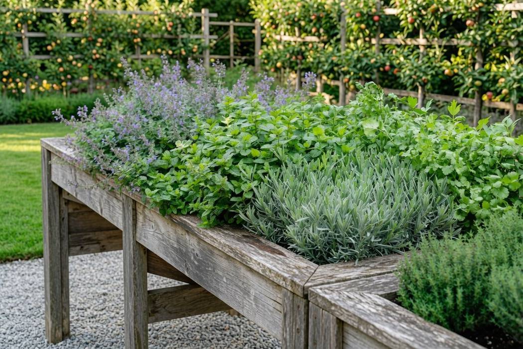Raised wooden planter table filled with lavender, mint, and herbs growing in a backyard garden setting
