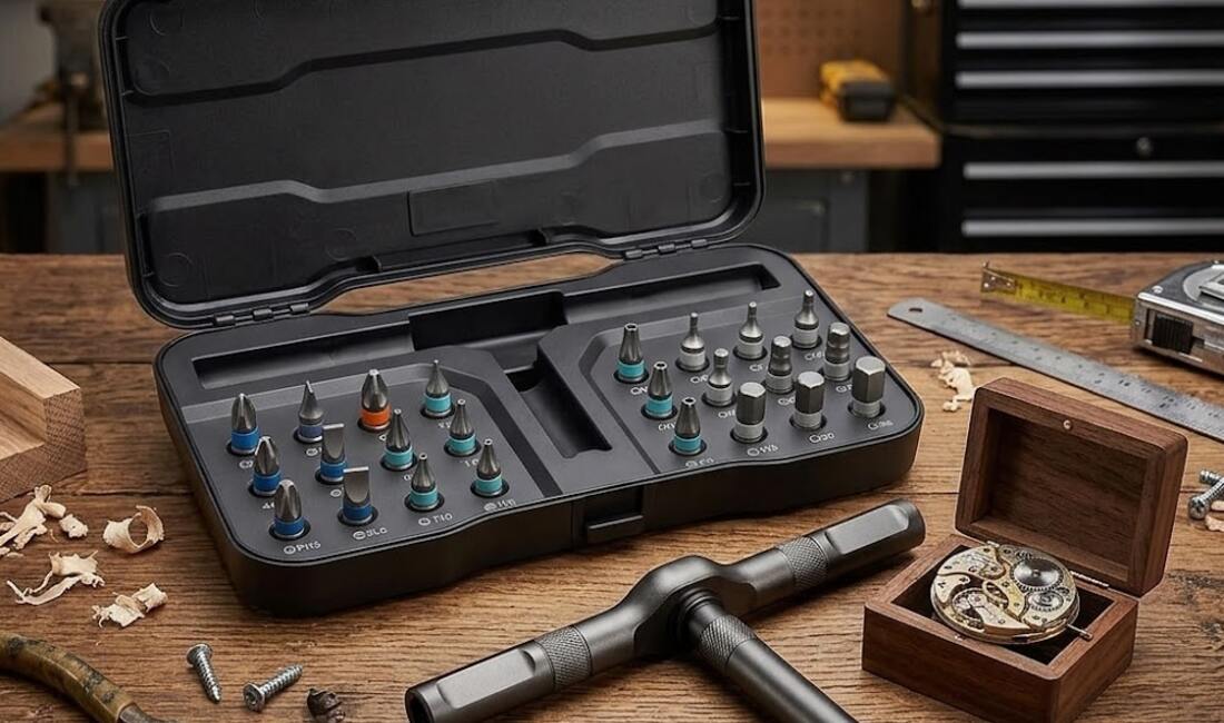 A multi-bit driver set open in its case with a T-handle driver on a wooden workbench