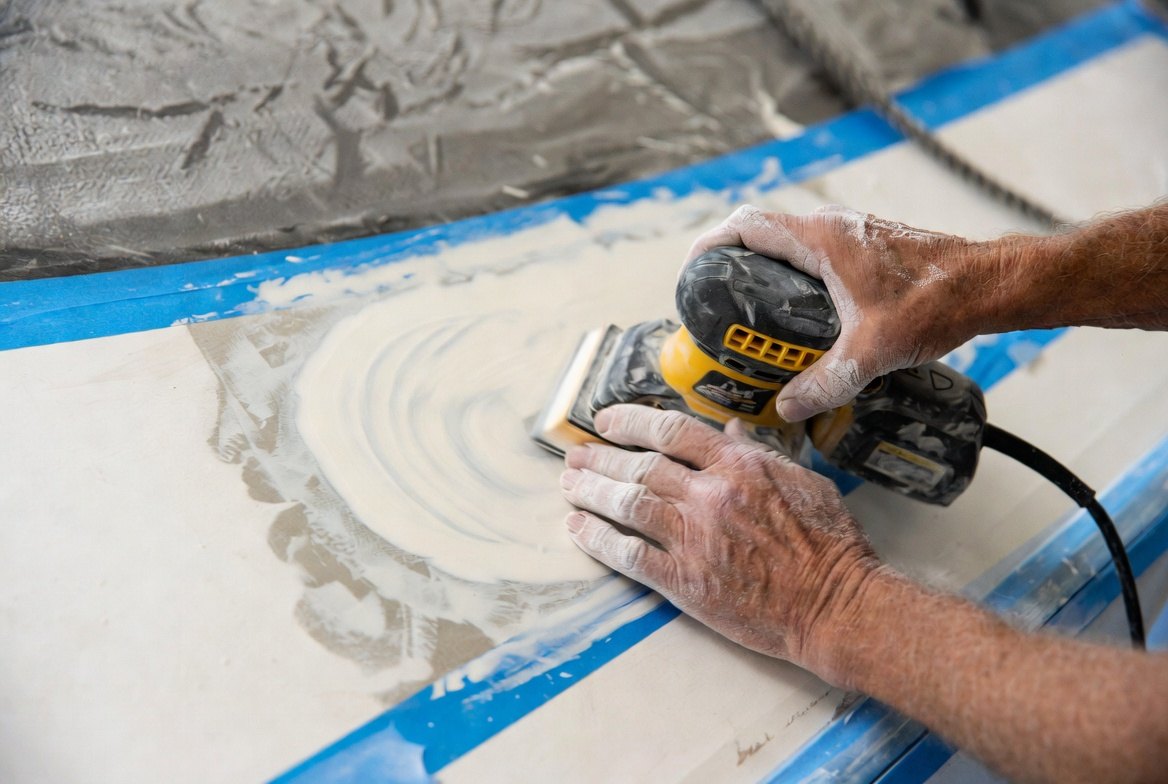 Hands guiding a random-orbit sander across a faired filler patch on a hull, the surrounding area masked off with tape