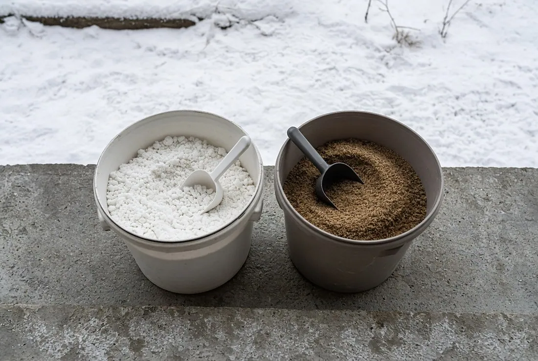 Two open buckets standing side by side on a concrete step in winter with snow beyond, the left holding white de-icer granules with a scoop and the right holding coarse brown sand with its own scoop