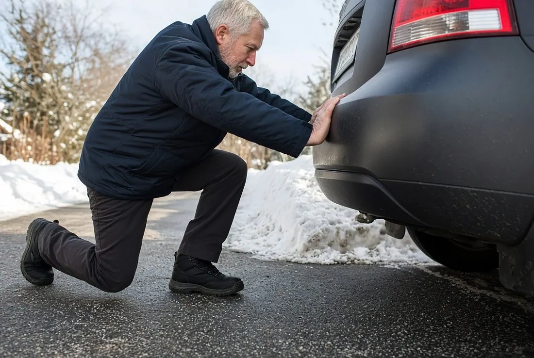 An older man half-kneeling on clear asphalt beside the rear bumper of a car in winter, one knee down and the other foot flat on the ground in front of him, his hand pressed against the bumper as he pushes himself up, with ploughed snow banked at the edge of the road