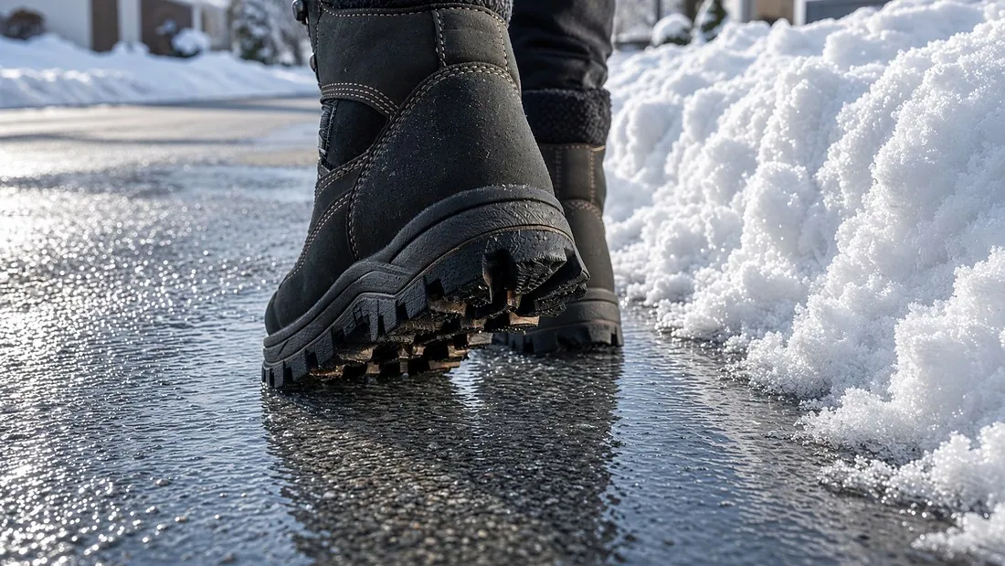 A low close view of winter boots standing on a wet, refrozen pavement beside a bank of ploughed snow, bright low sun glinting off the ice sheet across the whole surface