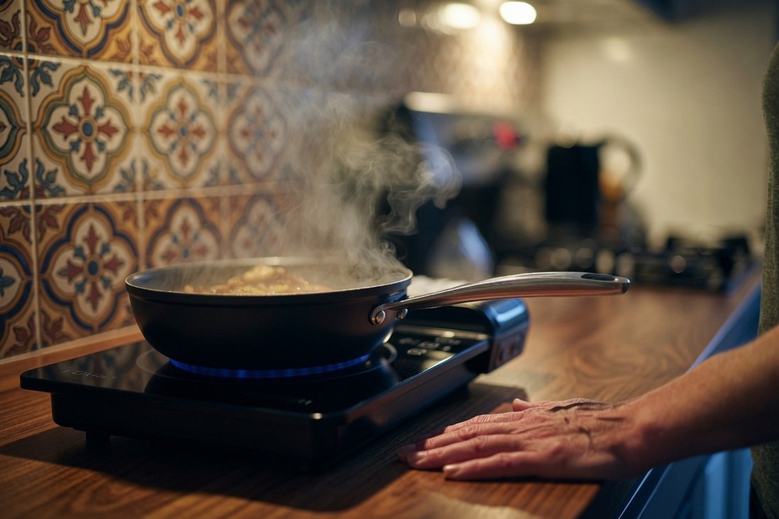 A pan cooking on a portable induction cooktop with steam rising, an older woman’s hand resting flat and relaxed on the wooden counter a few inches away