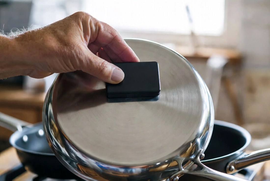 An older man holding a plain black magnet flat against the underside of a stainless steel skillet, where it is holding fast, other pans on the counter behind