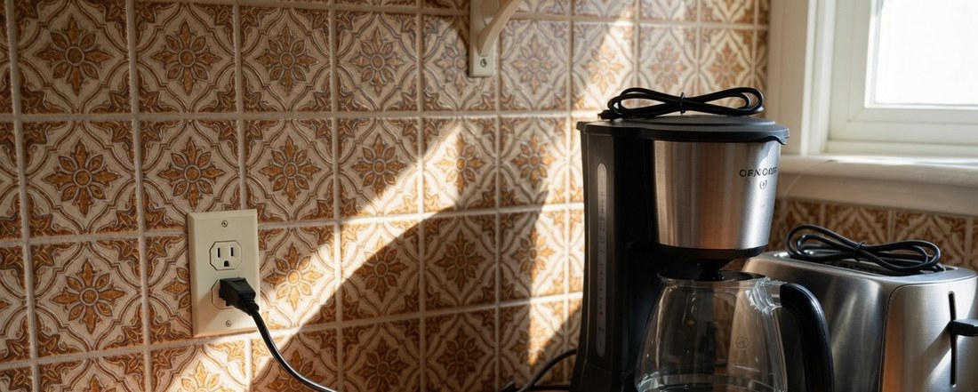 A kitchen wall outlet with a single cord plugged into it, the upper socket empty, and a coffee maker and toaster on the counter with their cords coiled on top, unplugged