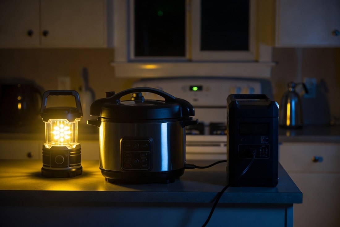 An electric multi-cooker running on a kitchen counter plugged into a portable battery power station, lit by a battery lantern, the kitchen dark and the range behind it unlit