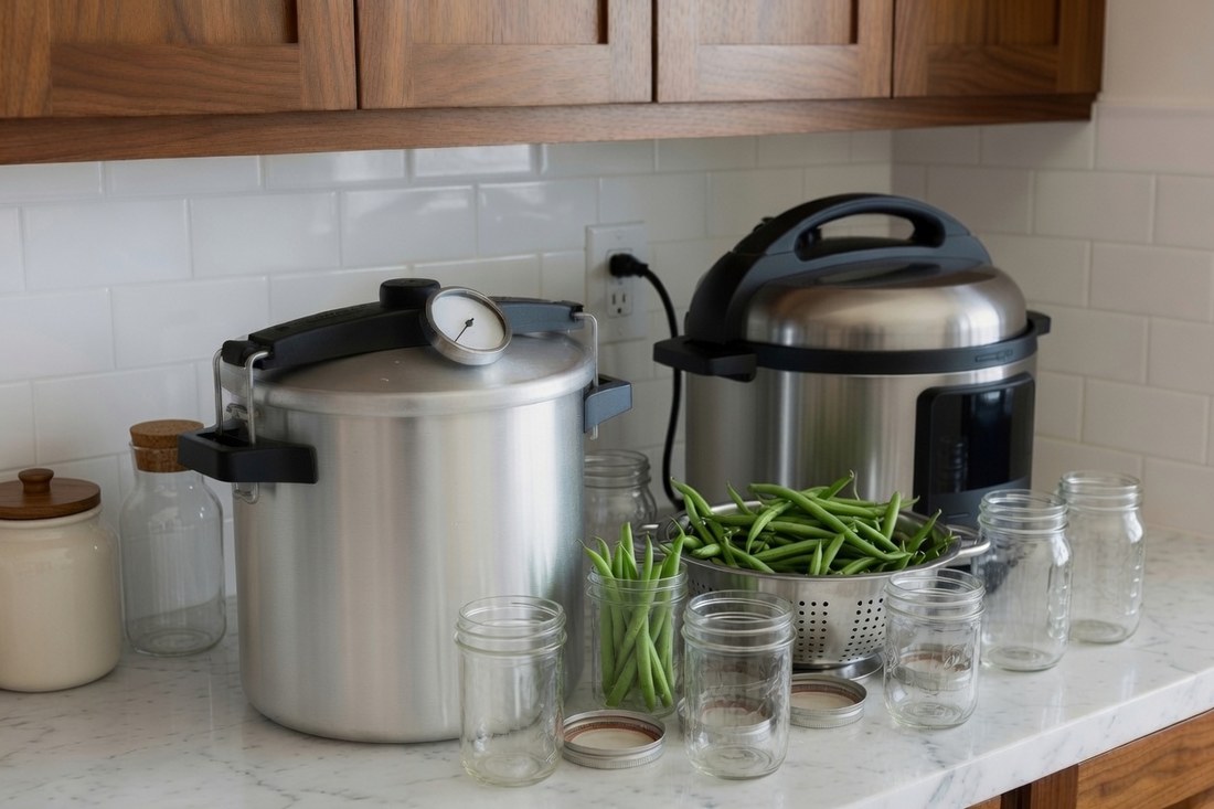 A heavy stovetop pressure canner with a clamped lid and dial gauge standing on a counter beside a smaller electric multi-cooker, empty glass canning jars and a colander of green beans between them