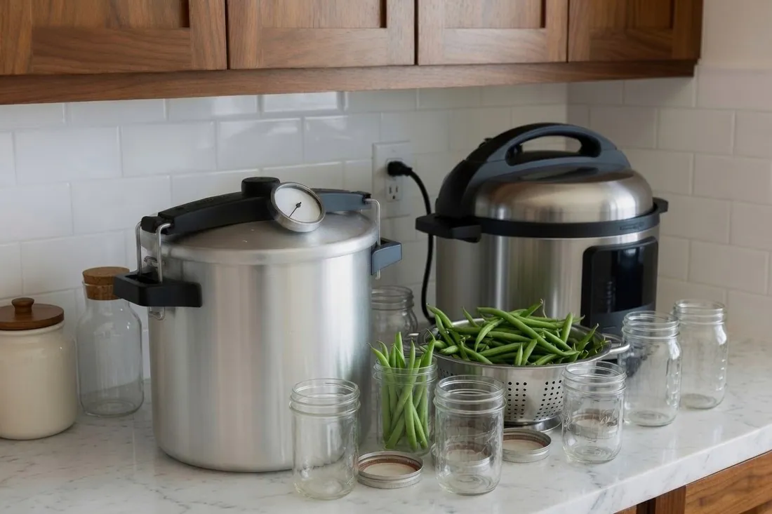 A heavy stovetop pressure canner with a clamped lid and dial gauge standing on a counter beside a smaller electric multi-cooker, empty glass canning jars and a colander of green beans between them