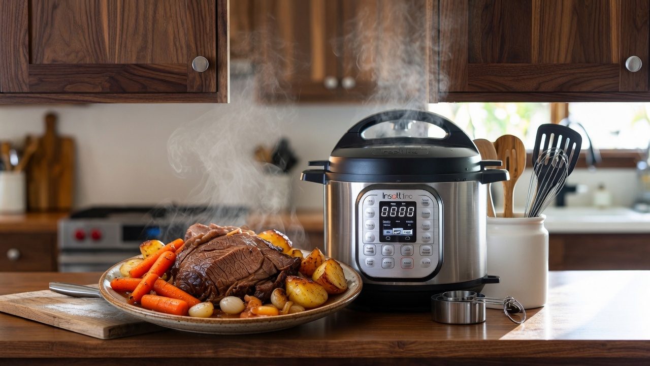 A platter of fork-tender pot roast with carrots and potatoes, steaming beside the electric multi-cooker that made it