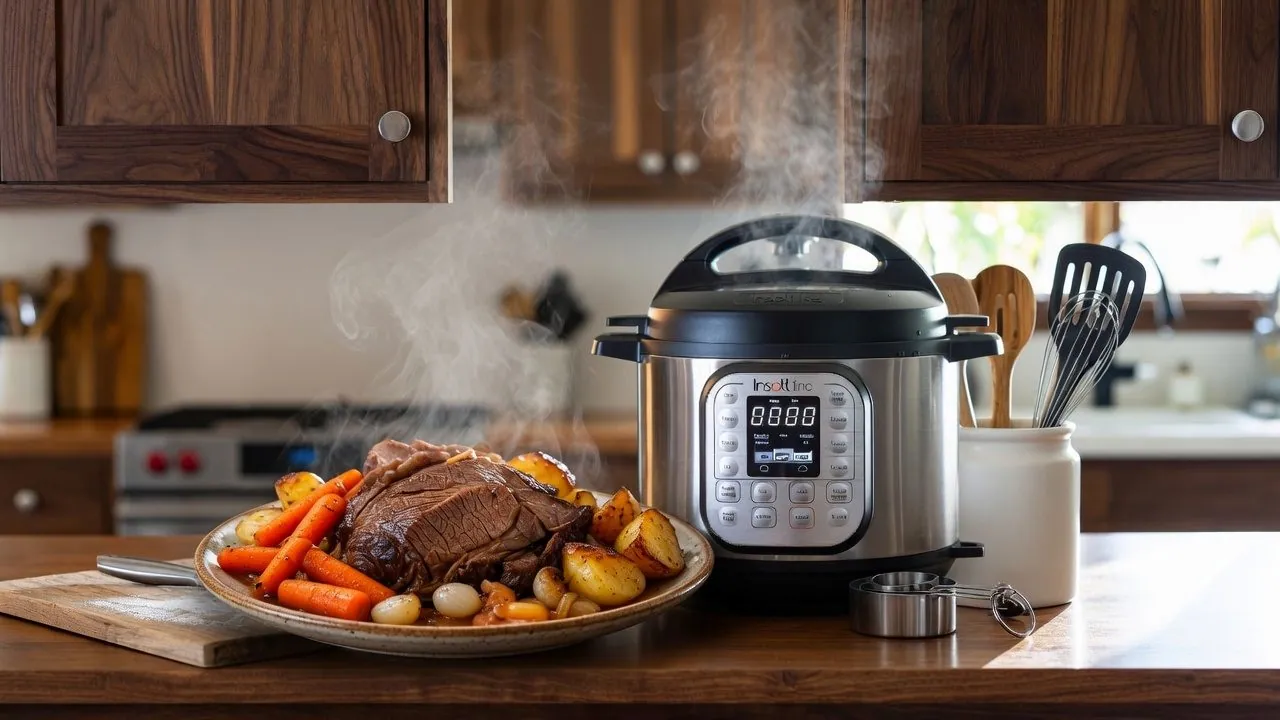 A platter of fork-tender pot roast with carrots and potatoes, steaming beside the electric multi-cooker that made it