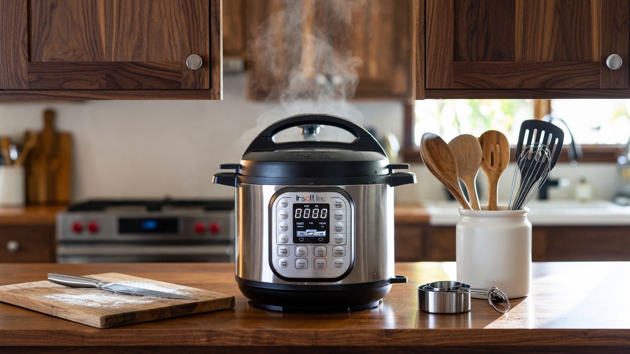 A stainless electric multi-cooker steaming quietly on a kitchen counter, cooking supper with nobody standing over it