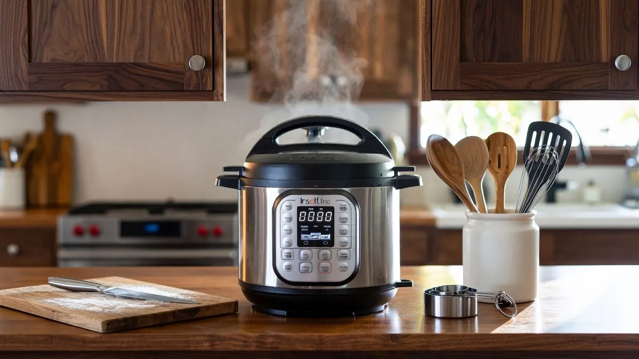 A stainless electric multi-cooker steaming quietly on a kitchen counter, cooking supper with nobody standing over it