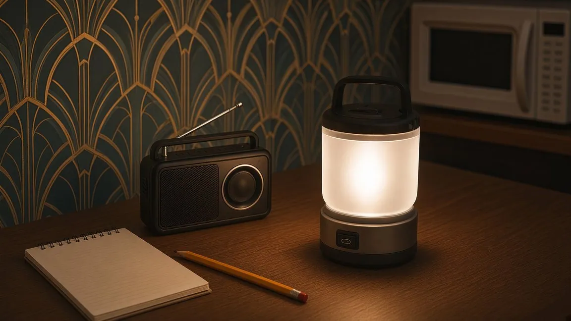 A portable analog radio with its antenna extended on a kitchen table beside a battery-powered LED lantern, a spiral notepad and a yellow pencil, with a microwave showing a blank display in the dark kitchen behind