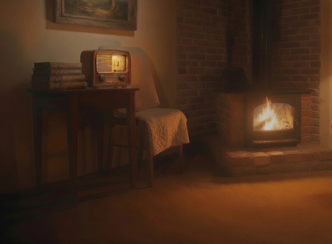 A fire burning in a brick fireplace in a dim farmhouse room, a quilt over a chair beside it and a radio glowing faintly on a side table, the rest of the room dark