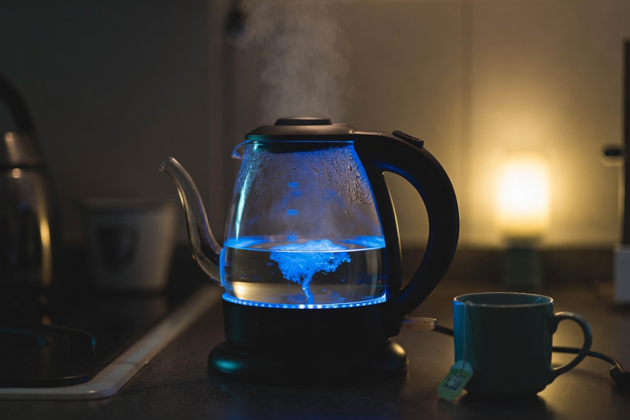 A glass electric kettle glowing blue as it boils on a dim kitchen counter at night, a mug with a teabag waiting beside it