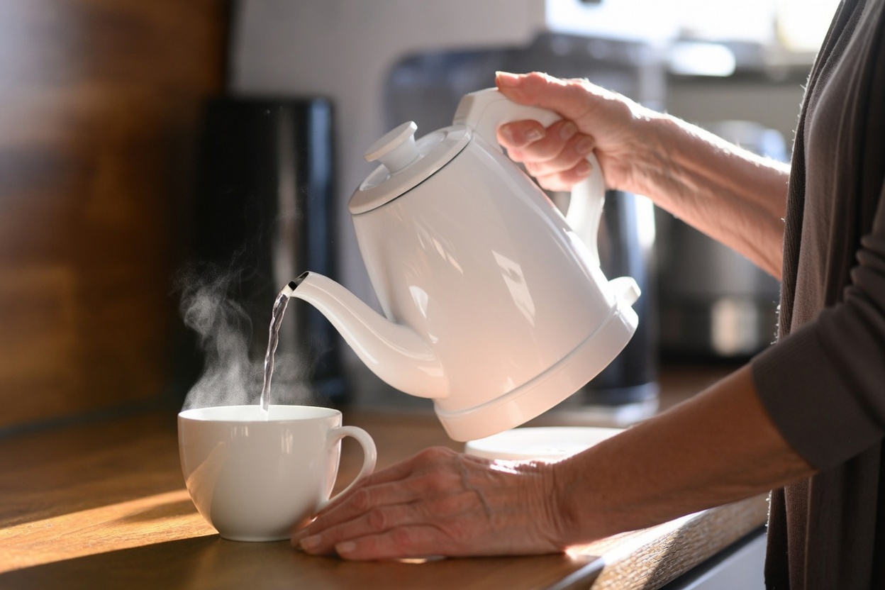 An older woman pouring hot water from a light electric kettle into a cup at counter height — one hand on the handle, one steady on the counter, elbows low and wrists straight