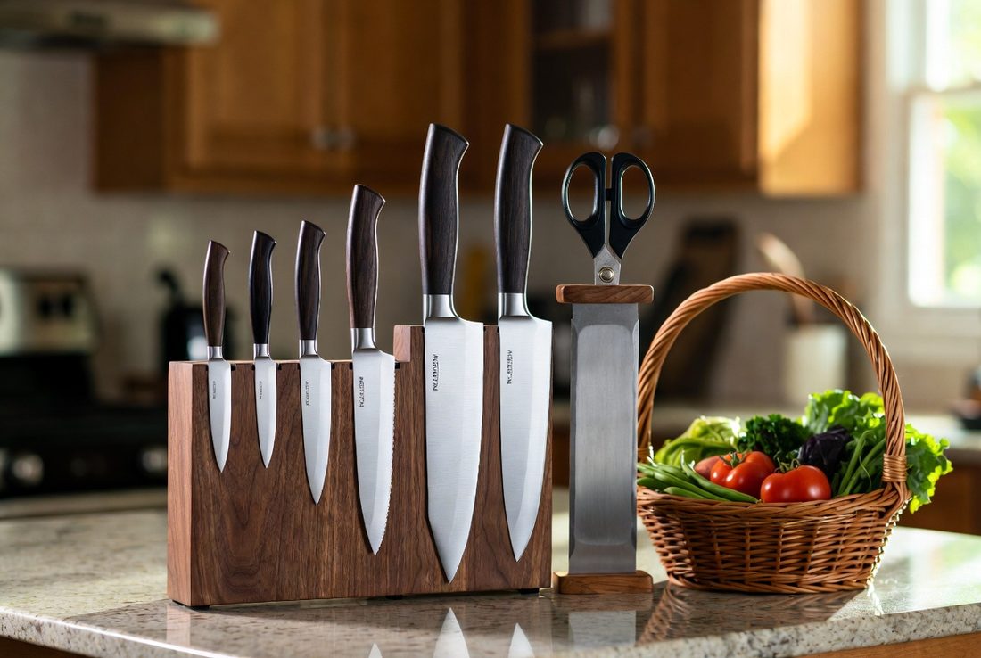 A complete knife set on a magnetic walnut stand — paring, utility, bread, carving, and chef's knives with shears and honing steel — beside a basket of fresh garden vegetables