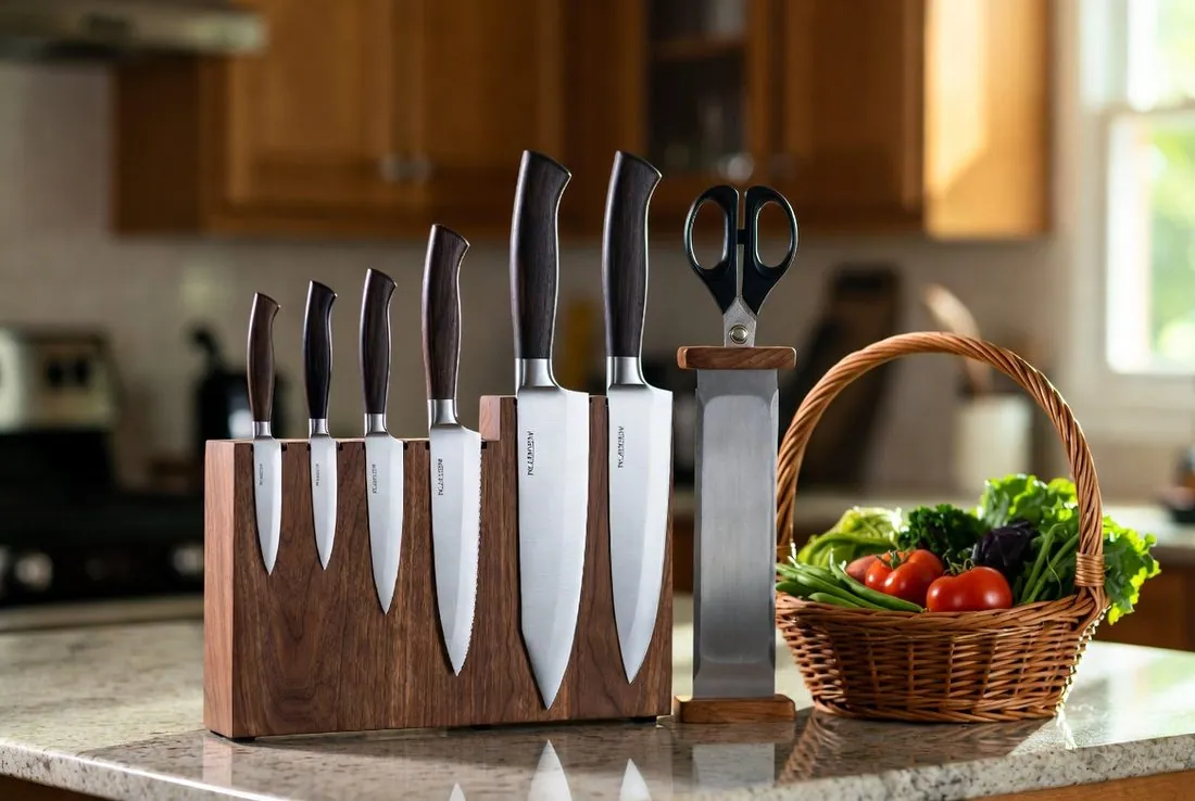 A complete knife set on a magnetic walnut stand — paring, utility, bread, carving, and chef's knives with shears and honing steel — beside a basket of fresh garden vegetables