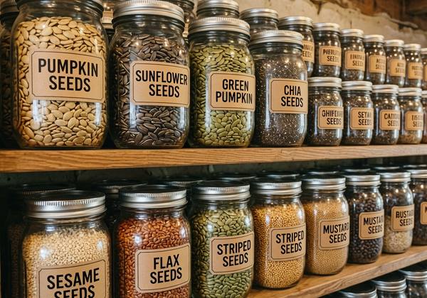 Clearly labeled glass jars of pumpkin, sunflower, chia, sesame, and flax seeds on wooden shelves
