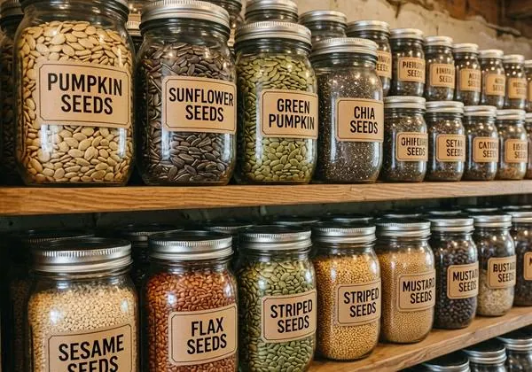 Clearly labeled glass jars of pumpkin, sunflower, chia, sesame, and flax seeds on wooden shelves
