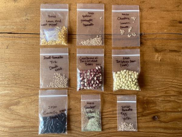 Small hand-labeled bags of saved heirloom seed, each marked with variety name and year