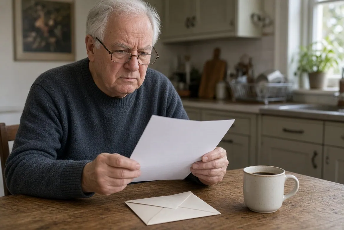 An older man in reading glasses at his kitchen table frowning at a one-page letter, an opened envelope and a mug of coffee in front of him