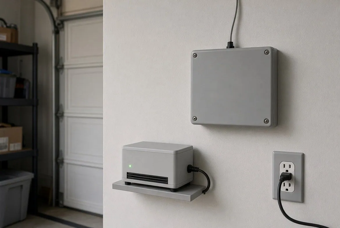 A plain gray utility box mounted on a garage wall with a cable running into it, and below it a small battery backup unit with a green light plugged into a wall outlet