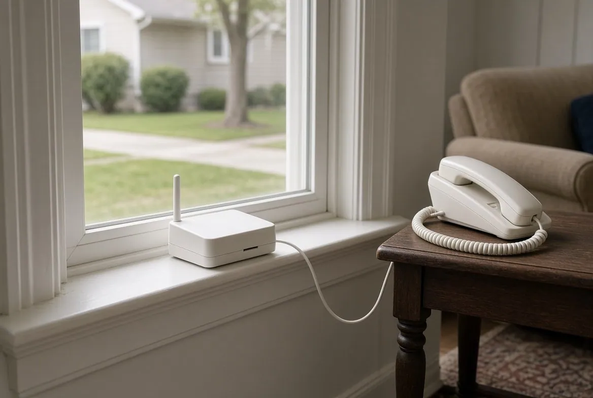 A small white wireless home phone unit with a short antenna on a living room windowsill, a cord running from it to a plain corded telephone on a side table