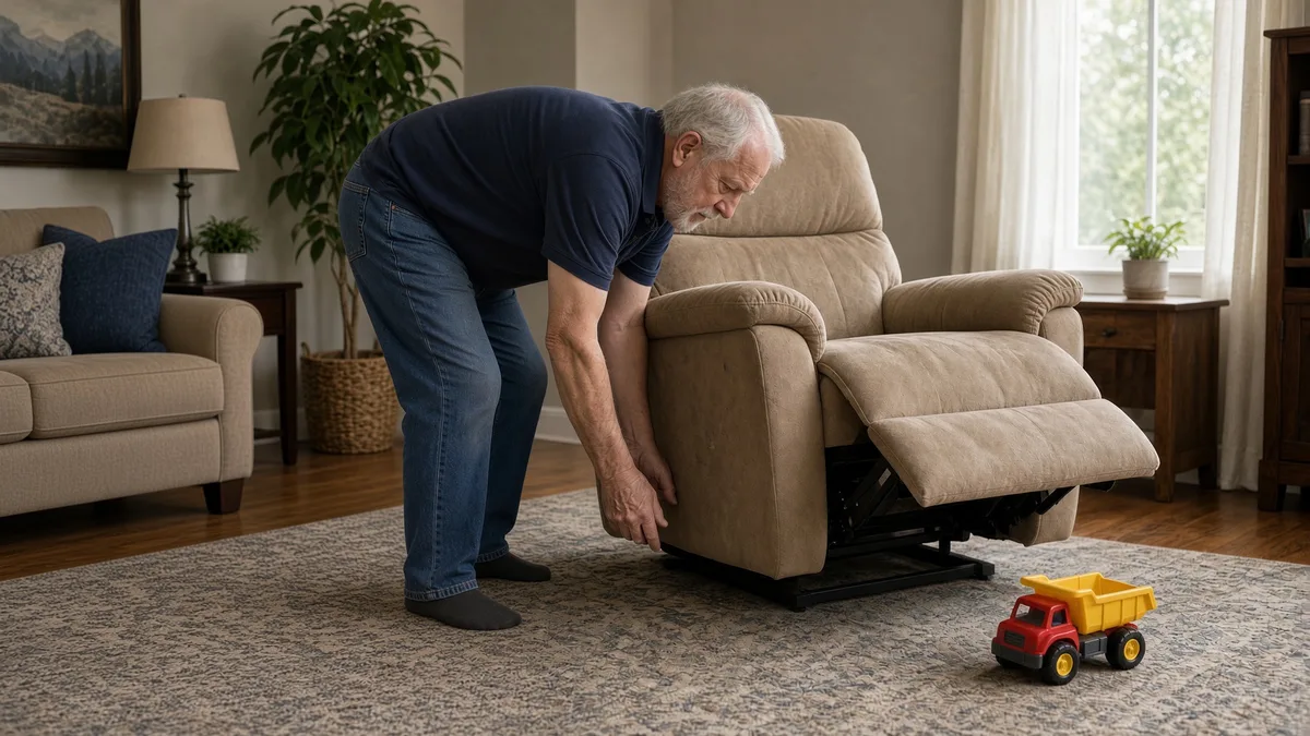 An older man bending over beside a recliner with its footrest raised, looking at the open metal mechanism underneath, with a child’s red and yellow toy dump truck on the rug nearby