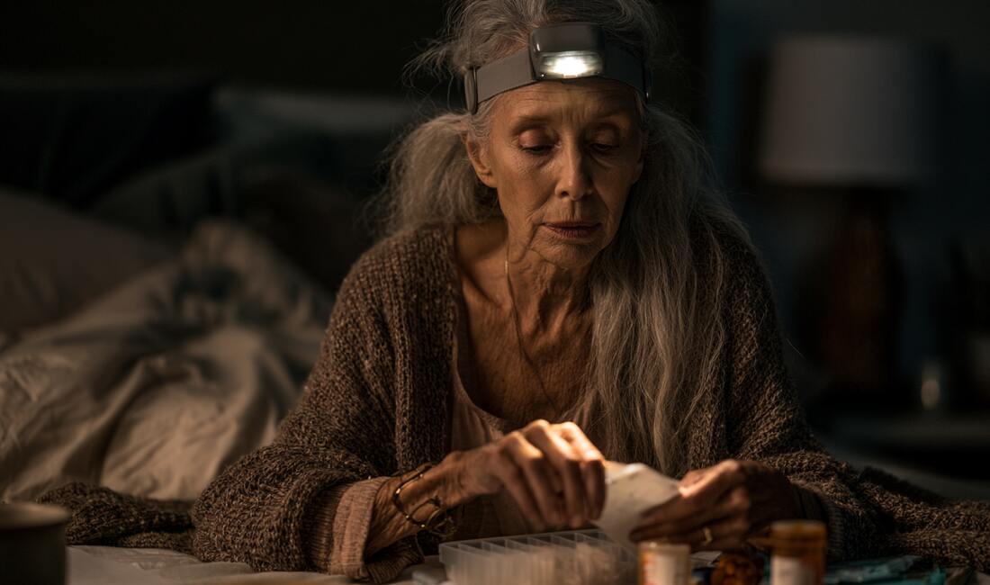 A senior woman wearing an LED headlamp sorting medications into a pill organizer at night, both hands free